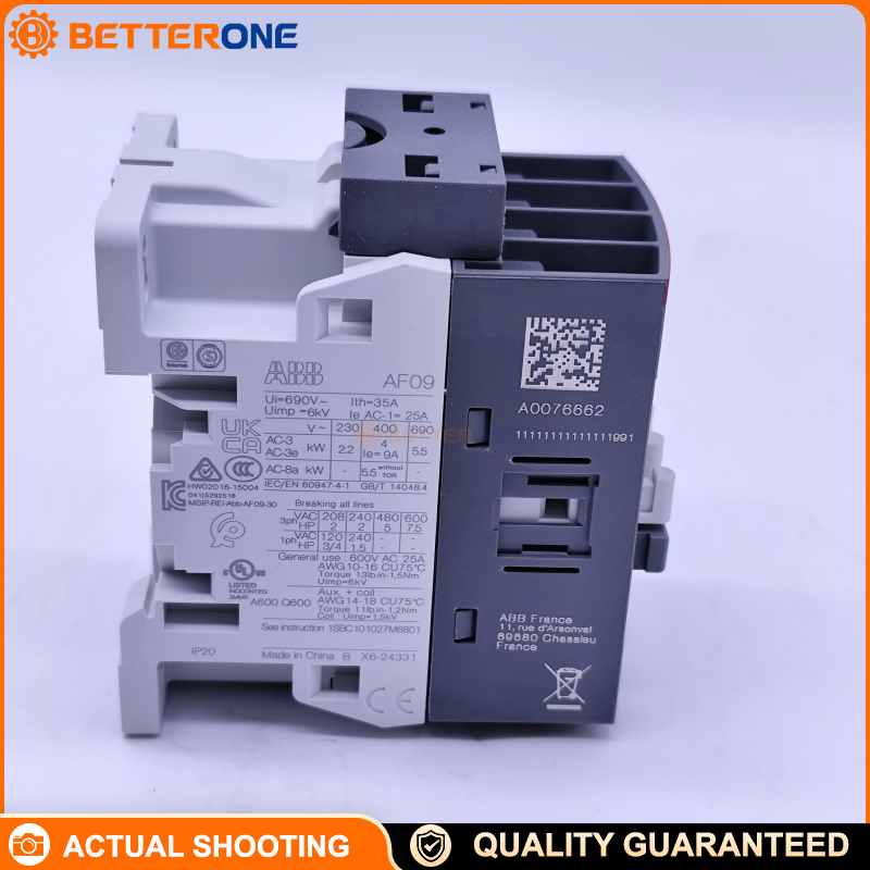 ABB AF09-30-10-13 Contactor 1SBL137001R1310, 3-Pole 3NO + 1NO Aux, Coil 100–250V AC/DC, AC-3 9A, 4kW @ 400V, 690V Main Circuit, Screw Terminals