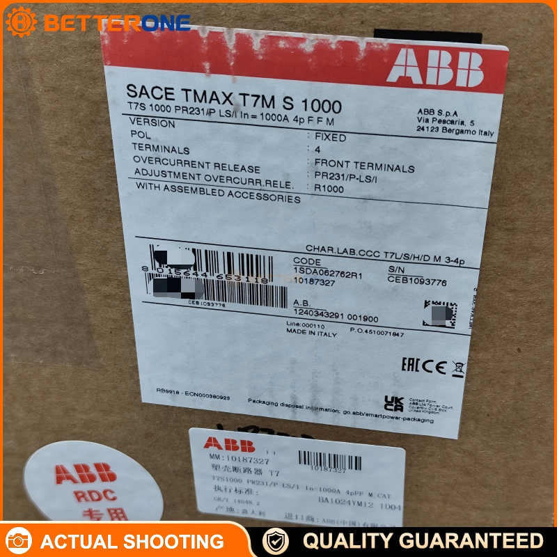 ABB Tmax T7S 1000 MCCB 1SDA062762R1, 4-Pole Fixed, Front Terminals, Stored Energy Mechanism, PR231/P-LS/I Electronic Trip, 1000A, 690VAC