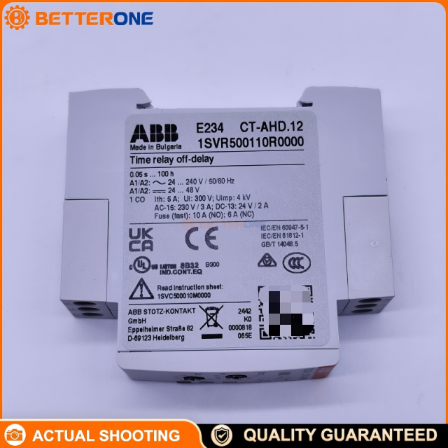 ABB CT-AHD.12 Time Relay 1SVR500110R0000, OFF-Delay (Delay on Break), 0.05s–100h (7 Ranges), 24–240VAC / 24–48VDC, 1 c/o SPDT 250V 4A, DIN Rail