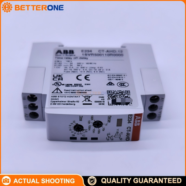 ABB CT-AHD.12 Time Relay 1SVR500110R0000, OFF-Delay (Delay on Break), 0.05s–100h (7 Ranges), 24–240VAC / 24–48VDC, 1 c/o SPDT 250V 4A, DIN Rail