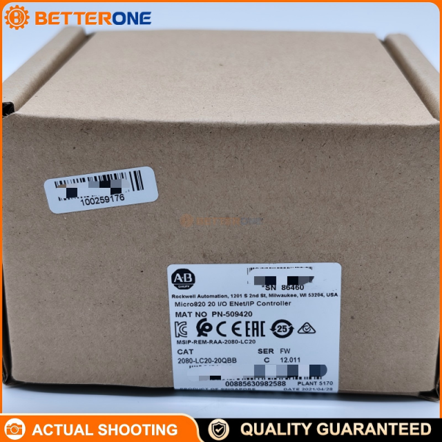 Allen-Bradley Micro820 PLC 2080-LC20-20QBB, 20-Point, 12×24VDC DI, 7×24VDC Source DO, 4×0–10V AI, 1×0–10V AO, Embedded Ethernet, RS-232/485, MicroSD, RTC, 2 Plug-In Slots