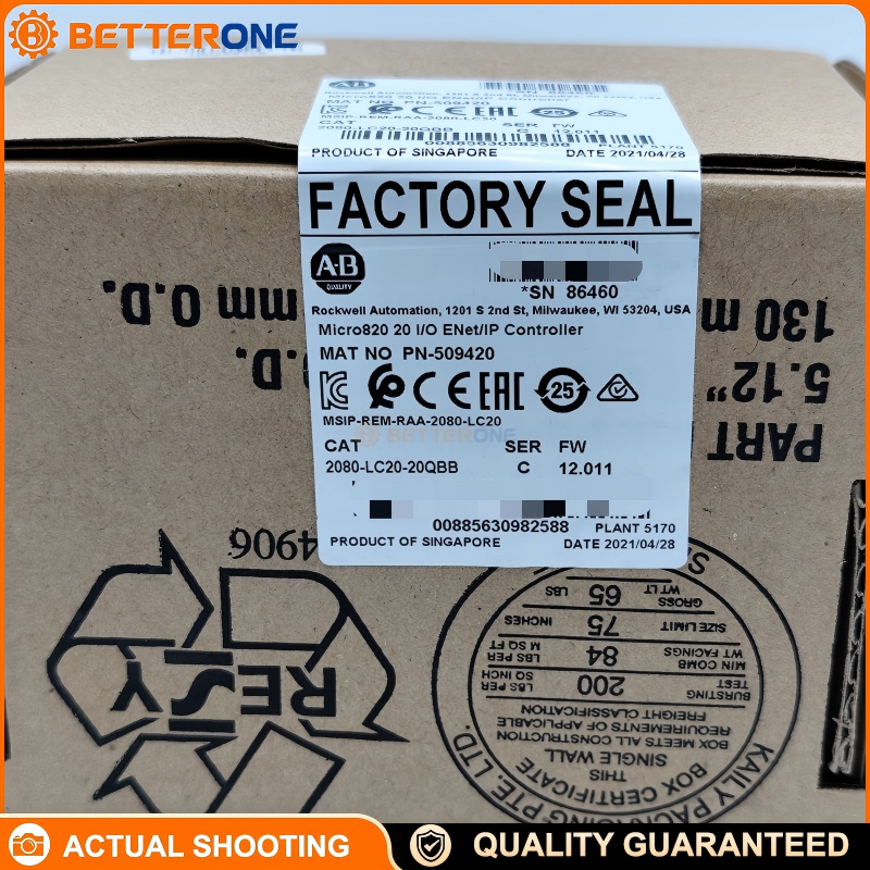 Allen-Bradley Micro820 PLC 2080-LC20-20QBB, 20-Point, 12×24VDC DI, 7×24VDC Source DO, 4×0–10V AI, 1×0–10V AO, Embedded Ethernet, RS-232/485, MicroSD, RTC, 2 Plug-In Slots