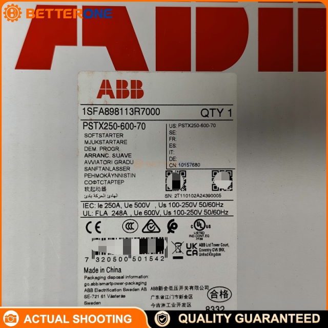 ABB PSTX250-600-70 Softstarter 1SFA898113R7000, 250A Max, 208–600VAC Main, 100–250VAC Control Supply (50/60Hz), 24VDC Control Circuit, 75kW@230V 132kW@400V 160kW@500V