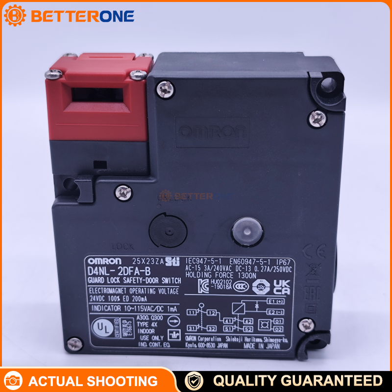 OMRON D4NL-2DFA-B Guard Lock Safety Door Switch, Key-Operated, 2NC Door + 2NC Lock Monitor, 24VDC Solenoid, Power-to-Unlock, IP67, 1300N Holding Force, G1/2