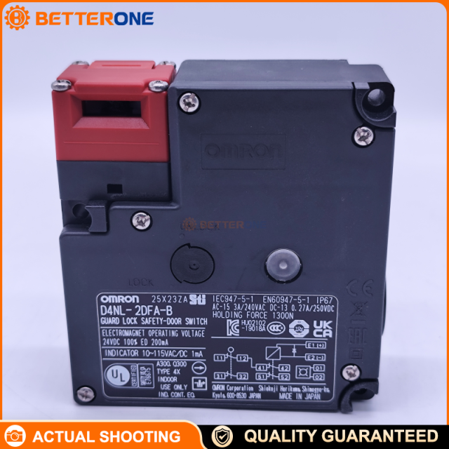 OMRON D4NL-2DFA-B Guard Lock Safety Door Switch, Key-Operated, 2NC Door + 2NC Lock Monitor, 24VDC Solenoid, Power-to-Unlock, IP67, 1300N Holding Force, G1/2
