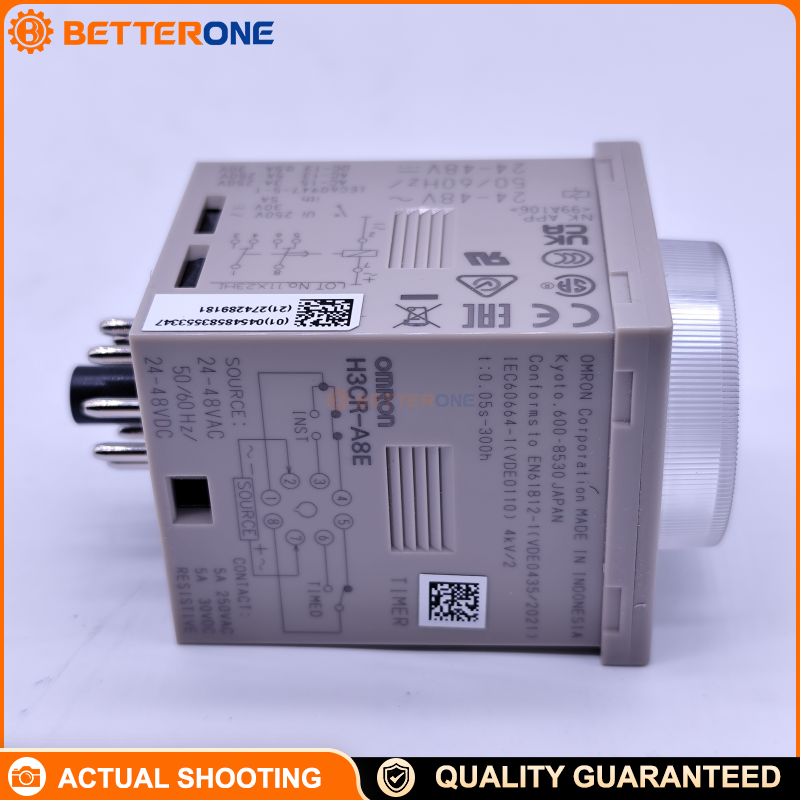 OMRON H3CR-A8E Multi-Function Timer Relay, 1/16 DIN 48×48mm, 8-Pin Plug-in, 0.05s–300h, DPDT Output (Time-limit + Instantaneous SPDT), ON Delay/Flicker/Interval/One-shot, AC/DC Supply