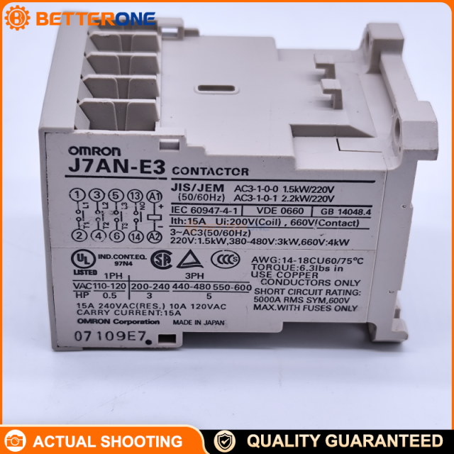 OMRON J7AN-E3 Electromechanical Contactor, 3PST-NO (3 Form A), 15A Rated, 600VAC Max Switching, Screw Terminals, Chassis/DIN-Rail Mount, Coil Voltage by Suffix (e.g., DC12/DC24)