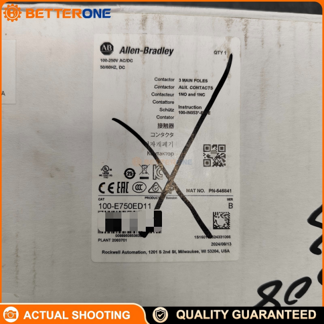 Allen-Bradley 100-E750ED11 IEC Power Contactor, 750A AC-3, 3-Pole, Electronic Coil w/ PLC Interface, 100–250VAC/DC, 1NO+1NC Aux, Bar Connections