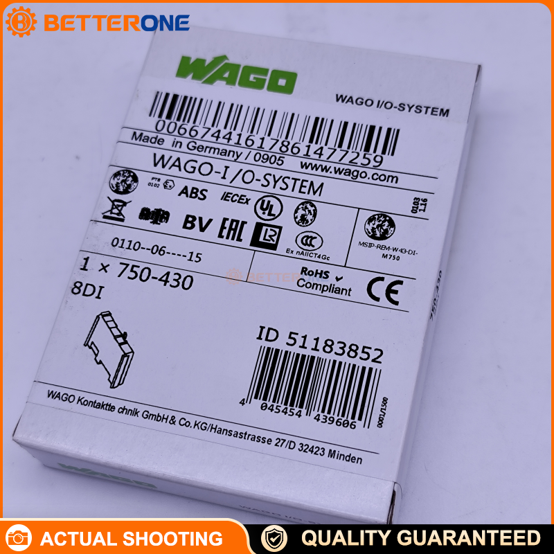 WAGO 750-430 8-Channel Digital Input Module, 24VDC, 3ms, High-Side (Positive Switching), 1-Wire Sensor Connection, DIN-Rail, IP20