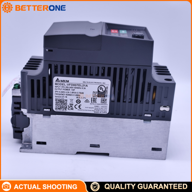 Delta VFD007EL21A VFD-EL Series AC Drive, 230V 1-Phase Input, 0.75kW (1HP), 4.2A Output, V/Hz Control, 0.1–600Hz, Built-in EMI Filter, Modbus RS-485
