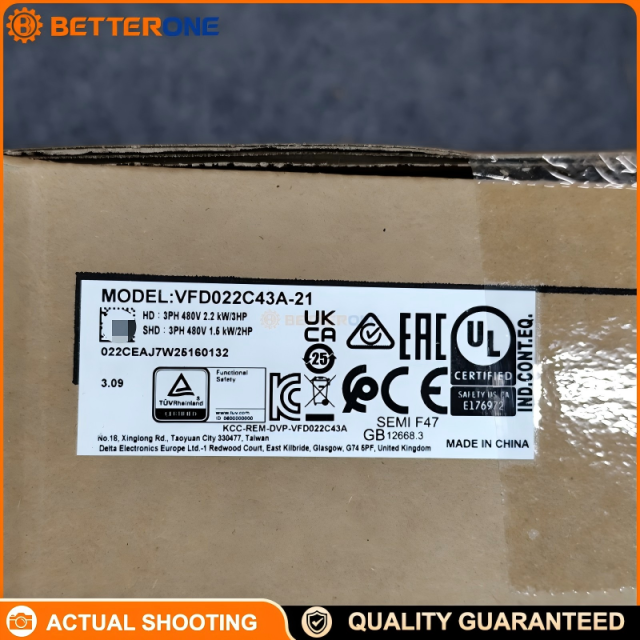 Delta VFD022C43A-21 C2000 Plus Vector Control Drive, 460VAC 3-Phase Input, 2.2kW (3HP), 5.9A/8.7A Dual Rating, Speed/Torque/Position Control, 0–599Hz, IP20