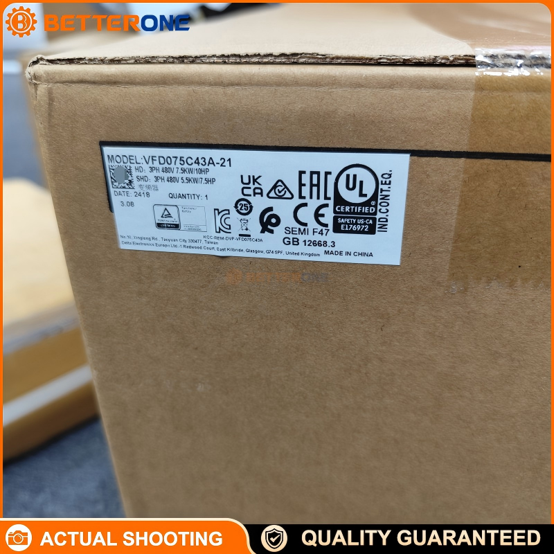 Delta VFD075C43A-21 VFD-C2000+ Vector Control Drive, 460VAC 3-Phase Input, 7.5kW (10HP), 18A HD / 12A SHD, Built-in Braking Chopper, IP20, Frame B, 0–599Hz