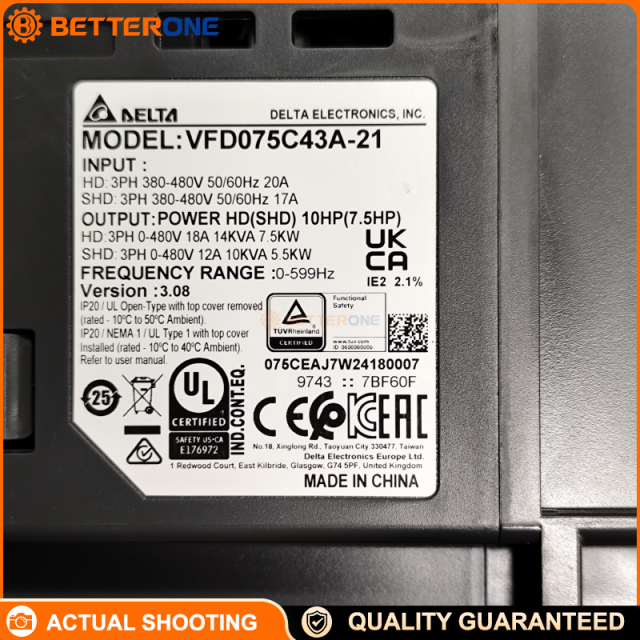 Delta VFD075C43A-21 VFD-C2000+ Vector Control Drive, 460VAC 3-Phase Input, 7.5kW (10HP), 18A HD / 12A SHD, Built-in Braking Chopper, IP20, Frame B, 0–599Hz
