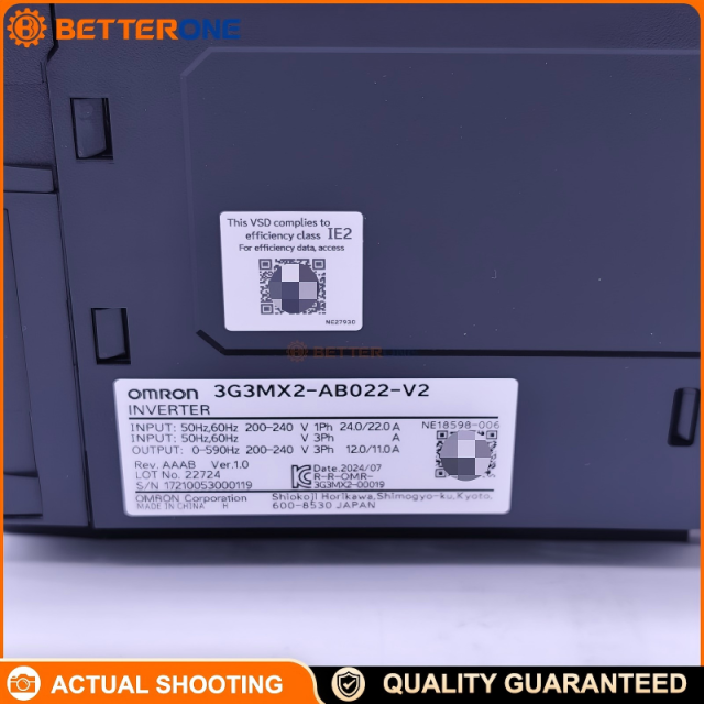 Omron 3G3MX2-AB022-V2 MX2 Series V2 Inverter Drive, 1-Phase 200–240VAC Input, 3-Phase 200–240VAC Output, 2.2kW (ND) / 3.0kW (LD), 11A (ND) / 12A (LD), Open-Loop Vector & V/f Control, Built-in Braking Resistor Circuit, Up to 590Hz, IP20