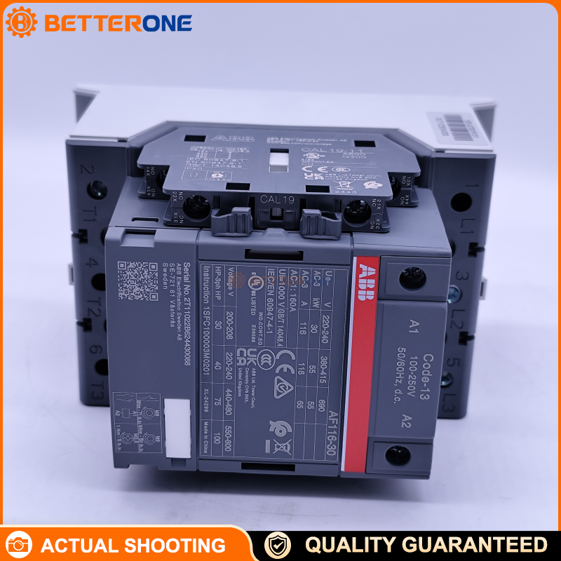 ABB AF116-30-11-13 AF Series IEC Contactor, 3-Pole (3NO) with Aux 1NO+1NC, 100–250V AC/DC Coil, 160A AC-1, 55kW @ 400VAC (AC-3), 600V UL / 1000V IEC, Screw Terminals