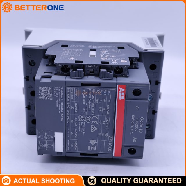 ABB AF116-30-11-13 AF Series IEC Contactor, 3-Pole (3NO) with Aux 1NO+1NC, 100–250V AC/DC Coil, 160A AC-1, 55kW @ 400VAC (AC-3), 600V UL / 1000V IEC, Screw Terminals