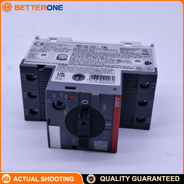 ABB MS132-2.5 Manual Motor Starter (MPCB), 3-Pole, Adjustable 1.6–2.5A, 690VAC Rated, Trip Class 10, Phase Loss Sensitive, Ics 100kA @ 400VAC, Rotary Handle, IP20, 45mm Width
