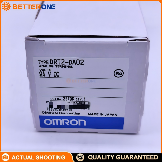 OMRON DRT2-DA02 DeviceNet Smart Slave Analog Output Terminal, 2-Ch AO, 0–5V/1–5V/0–10V/±10V, 0–20mA/4–20mA, 1/6000 FS Resolution, 2ms/2 Points, 11–25VDC Comm Power, DIN Rail, Screw Terminal