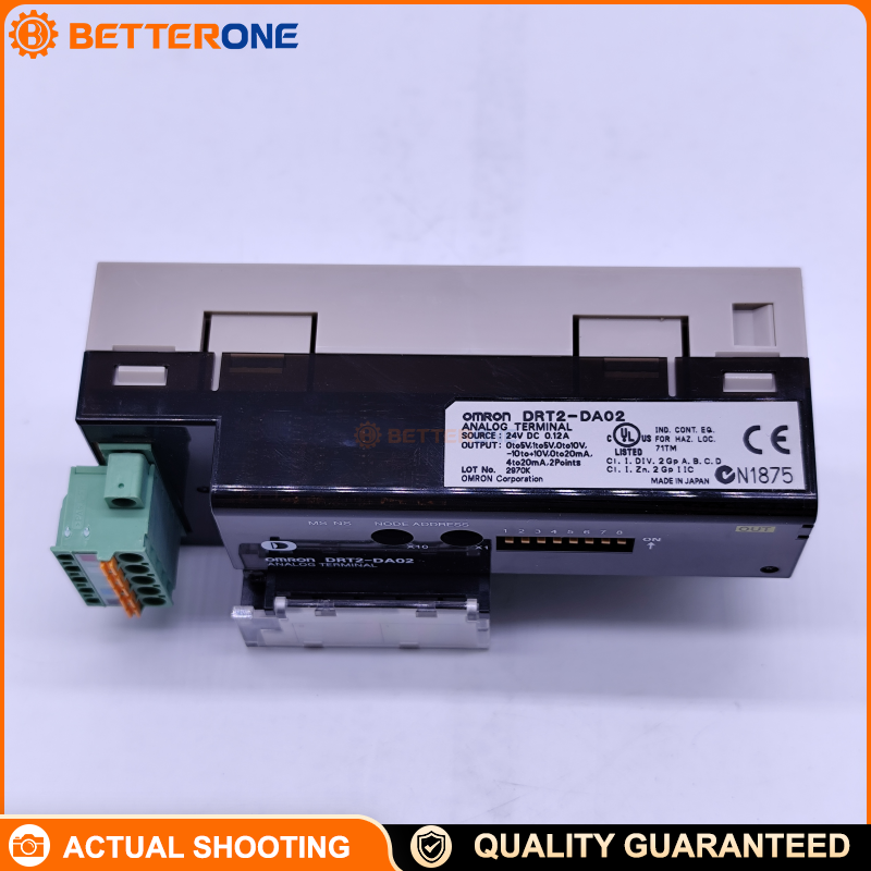 OMRON DRT2-DA02 DeviceNet Smart Slave Analog Output Terminal, 2-Ch AO, 0–5V/1–5V/0–10V/±10V, 0–20mA/4–20mA, 1/6000 FS Resolution, 2ms/2 Points, 11–25VDC Comm Power, DIN Rail, Screw Terminal