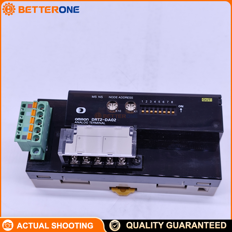 OMRON DRT2-DA02 DeviceNet Smart Slave Analog Output Terminal, 2-Ch AO, 0–5V/1–5V/0–10V/±10V, 0–20mA/4–20mA, 1/6000 FS Resolution, 2ms/2 Points, 11–25VDC Comm Power, DIN Rail, Screw Terminal