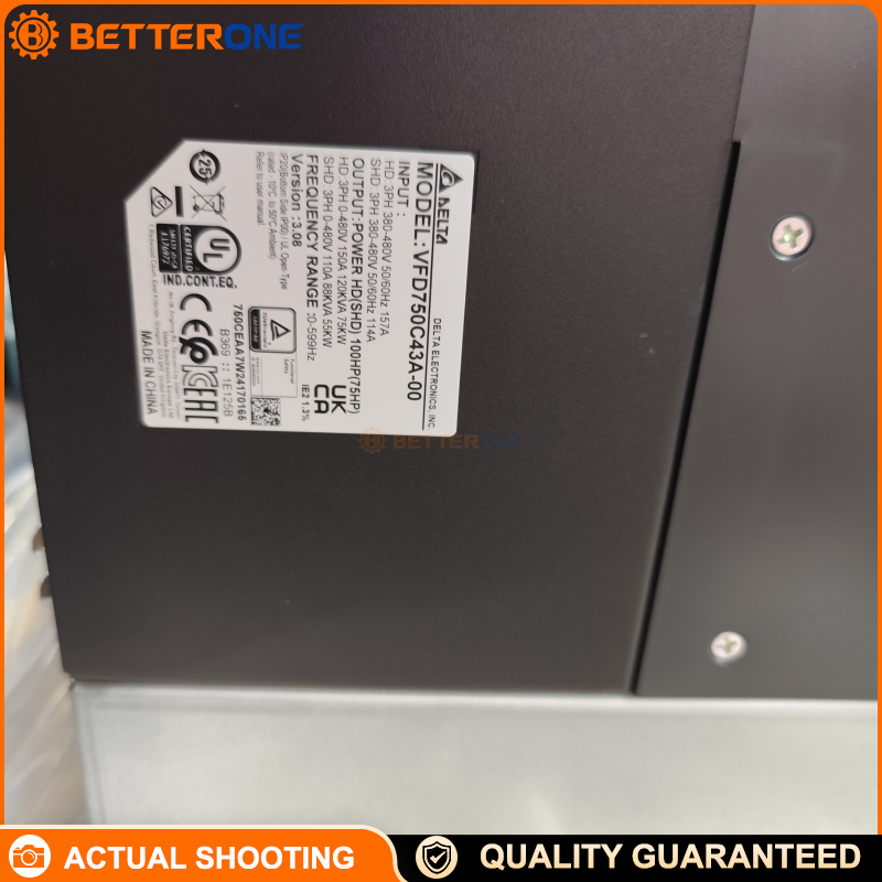 Delta VFD750C43A-00 VFD-C2000+ Vector Control Drive, 3-Phase 460V Class, 75kW 100HP, Heavy Duty 150A / Super Heavy Duty 110A, Built-in DC Reactor, No Braking Chopper, Frame D1, IP00 Chassis Mount Industrial VFD