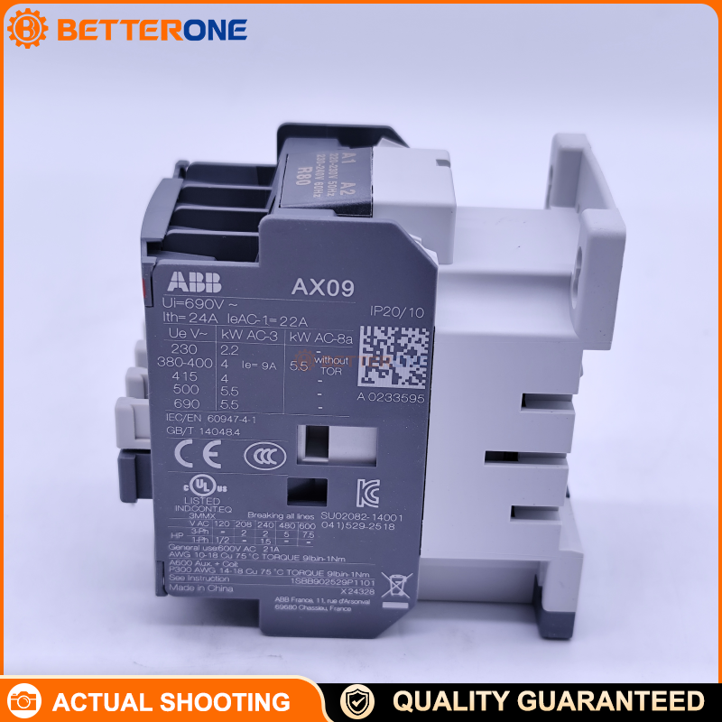 ABB 1SBL901074R8010 AX09-30-10-80 Block Contactor, 3-Pole 3NO + 1NO Aux, Coil 220–230V 50Hz / 230–240V 60Hz, 9A AC-3, 4kW @ 400V AC-3, 690V Main/Aux Circuit, Screw Terminals, 44×74×74mm