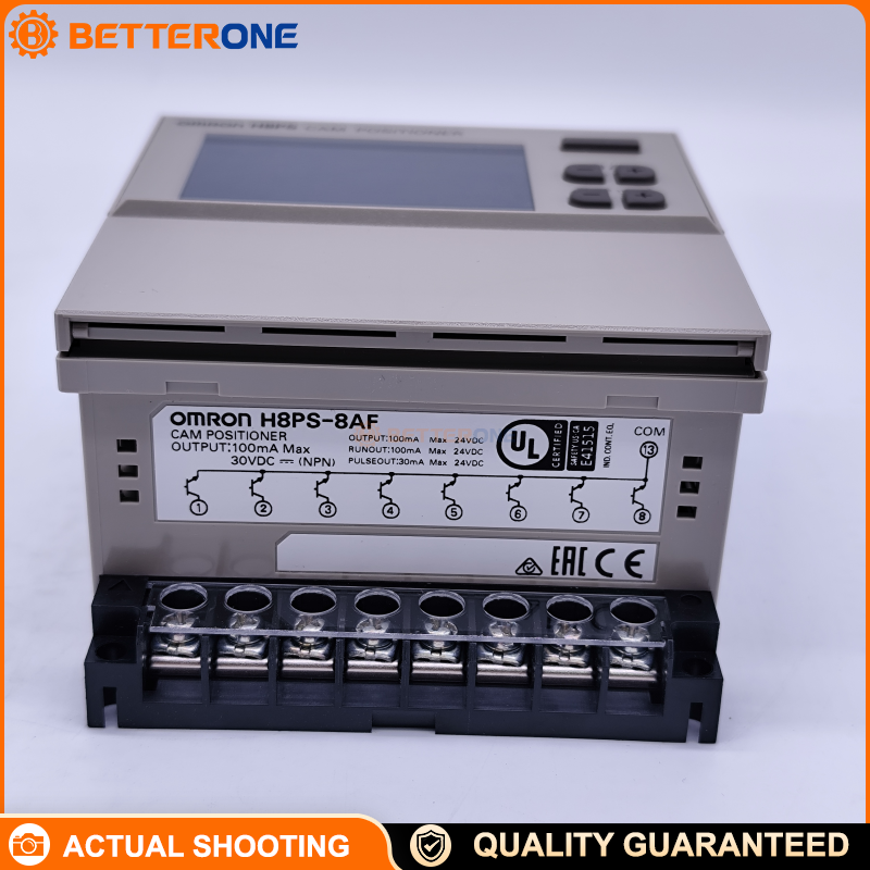 OMRON H8PS-8AF Cam Positioner, 1/4 DIN 96×96mm, 24VDC Supply, 8 Cam Outputs + RUN + Pulse (Tachometer), NPN Open-Collector Transistor Outputs, 30VDC 100mA (Cam/RUN), High-Speed 1600 r/min, 0.5° Setting Resolution, Backlit LCD