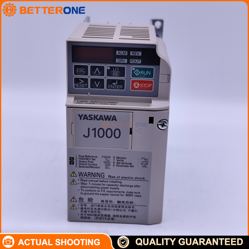 Yaskawa CIMR-JBBA0003BBA J1000 Compact VFD AC Drive, Single-Phase 200–240VAC (200V Class), 0.75kW (ND) / 0.4kW (HD), 3.3A–3.5A (ND) / 3.0A (HD), IP20 Open-Chassis, Max 400Hz