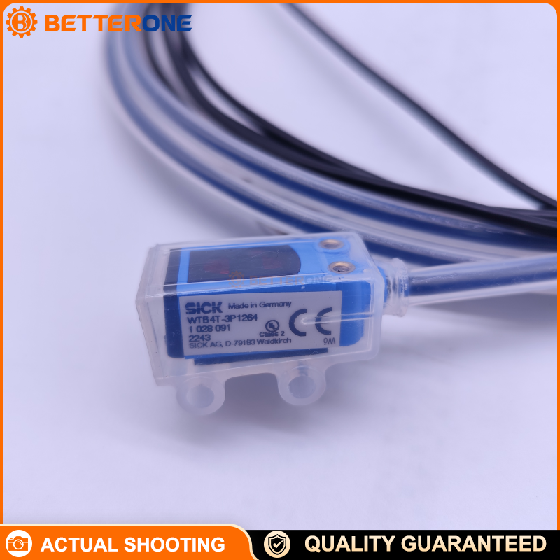 SICK WTB4T-3P1264 Photoelectric Proximity Sensor (1028091), Background Suppression (BGS), 15–120mm (Max 4–120mm), PNP Output 100mA, 10–30VDC, Light Switching, 1kHz, <0.5ms, IP68/IP69K, 5m 4-Wire Cable, PinPoint LED 650nm, PTFE Coating