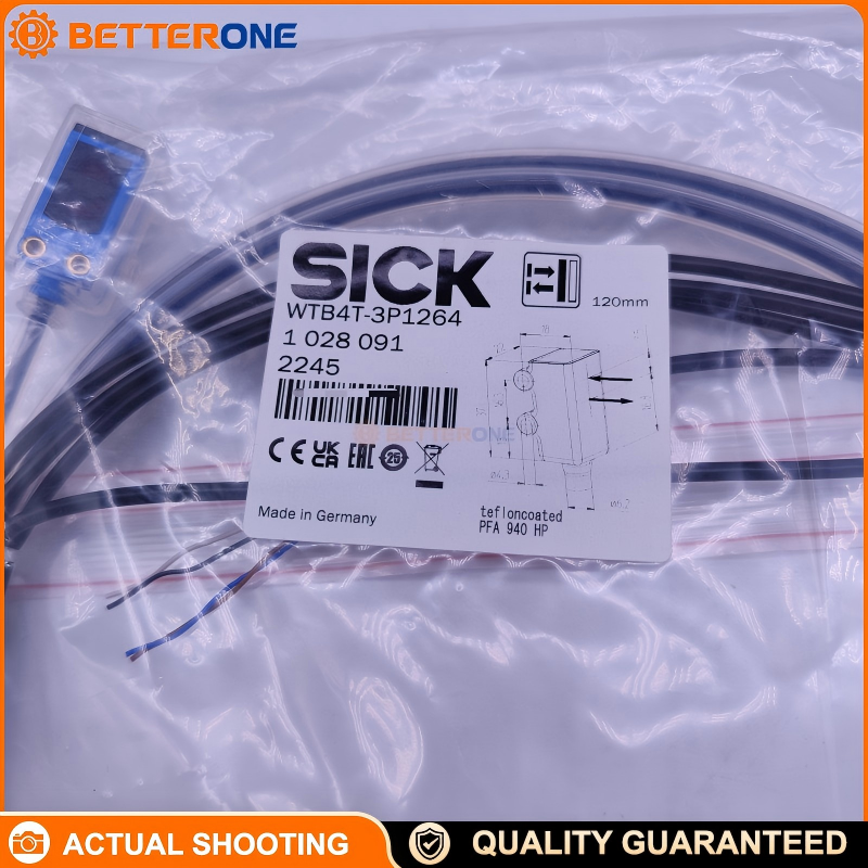 SICK WTB4T-3P1264 Photoelectric Proximity Sensor (1028091), Background Suppression (BGS), 15–120mm (Max 4–120mm), PNP Output 100mA, 10–30VDC, Light Switching, 1kHz, <0.5ms, IP68/IP69K, 5m 4-Wire Cable, PinPoint LED 650nm, PTFE Coating
