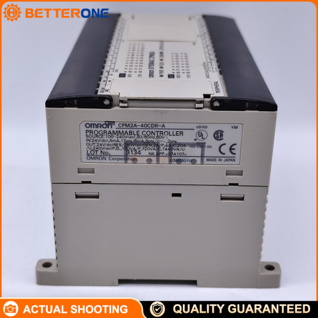 OMRON CPM2A-40CDR-A Micro PLC CPU, 40 I/O (24 Digital Inputs + 16 Relay Outputs), 100–240VAC 50/60Hz, Built-in RS-232C & Peripheral Ports, Expandable Up to 120 I/O (3 Modules), 4,096 Words Program Capacity, RTC, 24VDC Aux 300mA (AC Type)