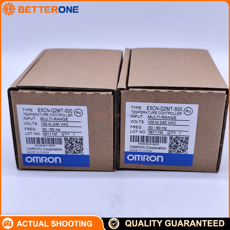 OMRON E5CN-Q2MT-500 Digital Temperature Controller, 1/16 DIN 48×48mm, Universal TC/RTD Input, SSR Drive Voltage Output 12VDC 21mA, 2 Alarm Outputs, 100–240VAC Supply, 250ms Sampling, With Terminal Cover (-500)