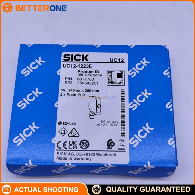 SICK UC12-1223E Ultrasonic Distance Sensor, 55–250mm Operating Range (350mm Limit), 10–30VDC, 2x Push-Pull PNP/NPN Outputs, IO-Link V1.1, M12 4-Pin, 30ms Response, IP65/IP67
