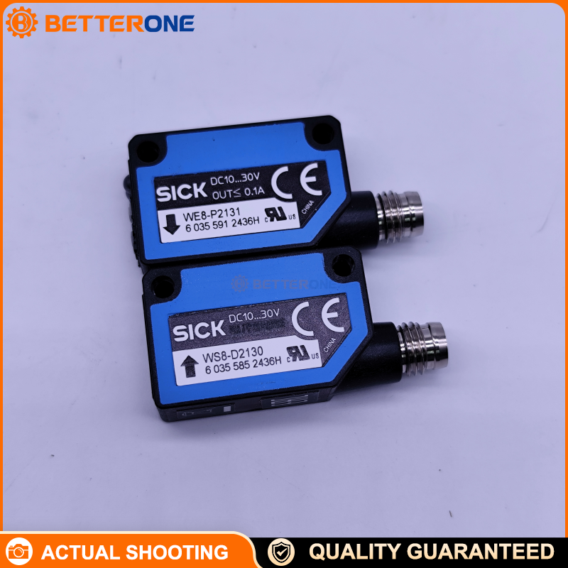 SICK WSE8-P2131 Through-Beam Photoelectric Sensor, 0–8m (Max 10m), PNP Output, Visible Red LED 650nm, Light/Dark Rotary Switch, 10–30VDC, M8 3-Pin, IP67, 2kHz, 0.25ms