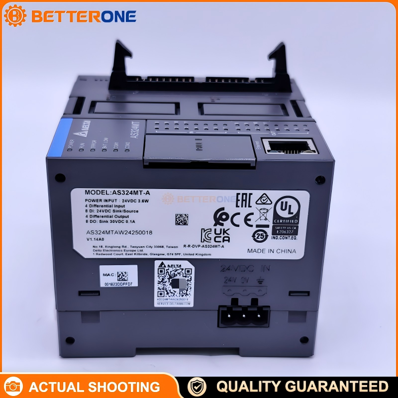 Delta AS324MT-A AS Series PLC Standard CPU, 24VDC, 12DI 12DO Transistor (NPN), Ethernet + 2xRS-485 + USB, 128k Steps Program, Differential High-Speed I/O (5V), DIN Rail Mount