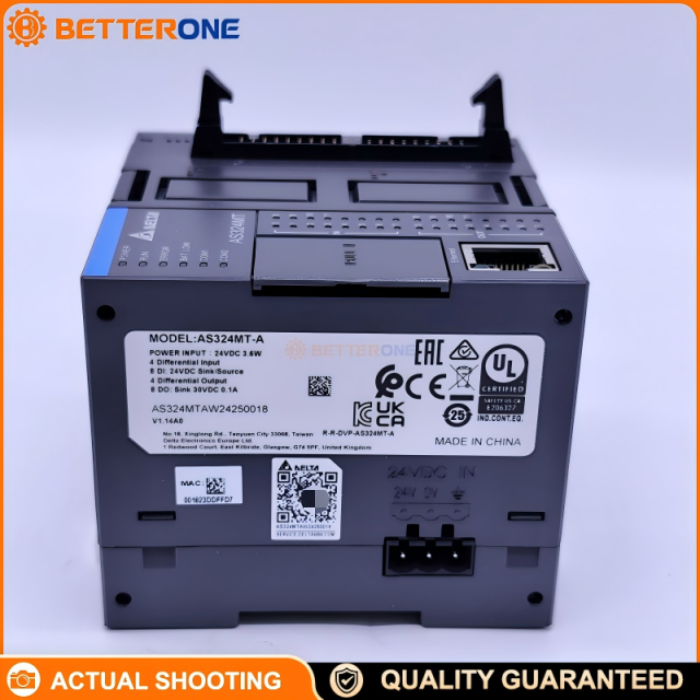 Delta AS324MT-A AS Series PLC Standard CPU, 24VDC, 12DI 12DO Transistor (NPN), Ethernet + 2xRS-485 + USB, 128k Steps Program, Differential High-Speed I/O (5V), DIN Rail Mount