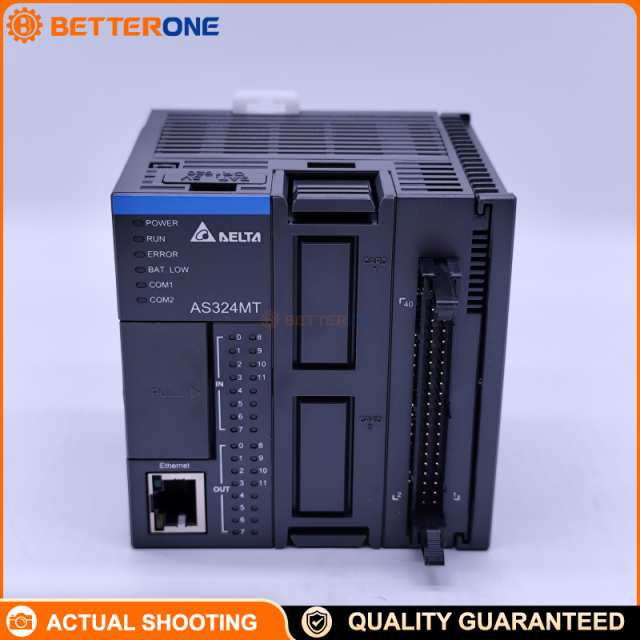 Delta AS324MT-A AS Series PLC Standard CPU, 24VDC, 12DI 12DO Transistor (NPN), Ethernet + 2xRS-485 + USB, 128k Steps Program, Differential High-Speed I/O (5V), DIN Rail Mount