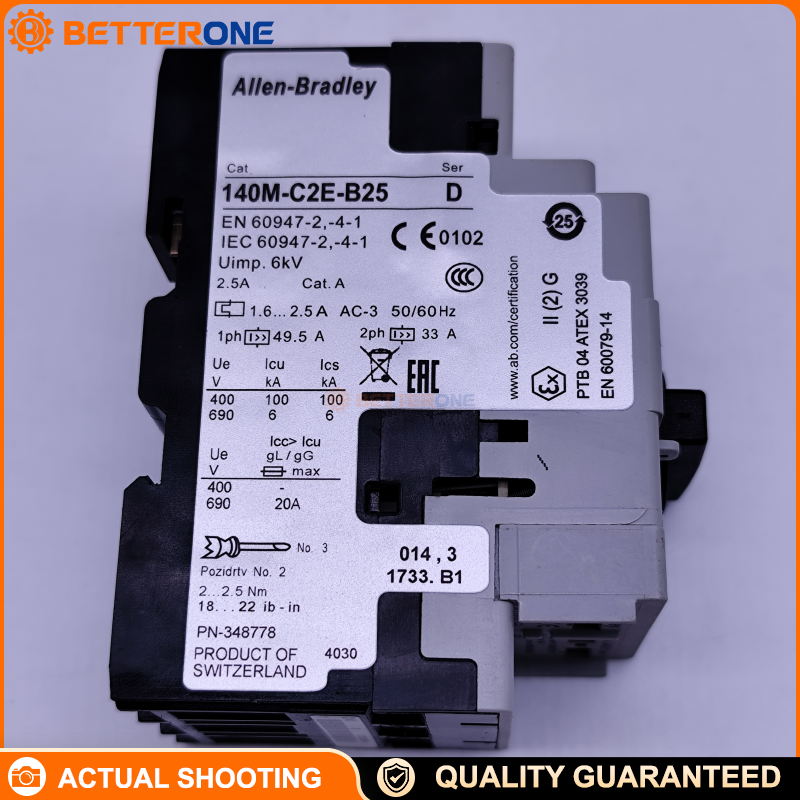 Allen-Bradley 140M-C2E-B25 Motor Protection Circuit Breaker, 3-Pole Thermal-Magnetic MPCB, Adjustable 1.6–2.5A (Class 10), Standard Magnetic Trip 13×Ie, 600VAC, Frame Size C, DIN Rail Mount
