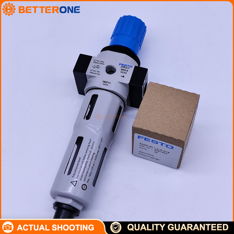 Festo LFR-1/4-D-7-MINI-A Filter Regulator, G1/4 Port, 0.5–7 bar Adjustable Pressure, 40 μm Filter Element, Manual Drain, MINI Series Pneumatic Air Preparation