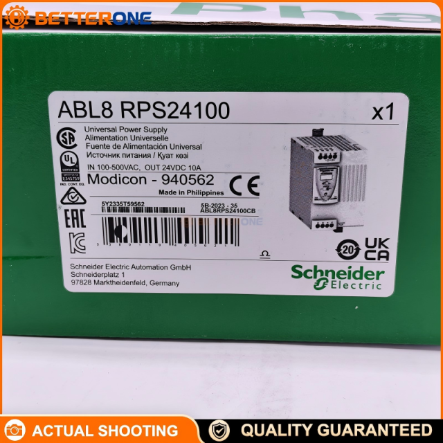 Schneider Electric ABL8RPS24100 Phaseo Universal DIN Rail Switching Power Supply, 24VDC 10A 240W, 100–120VAC (L-N) / 200–500VAC (L1-L2) Input, PFC, Adjustable 24–28.8V, Diagnostic Relay, Vertical Mount