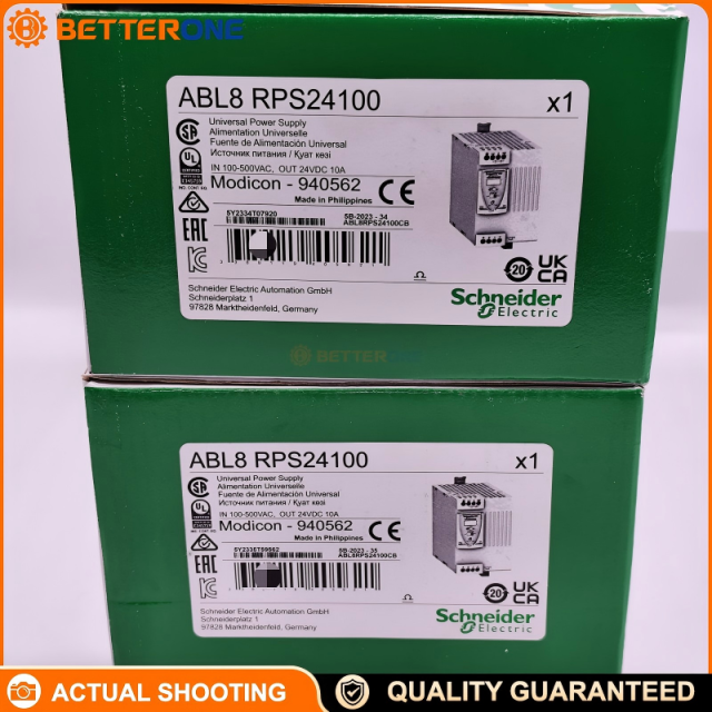Schneider Electric ABL8RPS24100 Phaseo Universal DIN Rail Switching Power Supply, 24VDC 10A 240W, 100–120VAC (L-N) / 200–500VAC (L1-L2) Input, PFC, Adjustable 24–28.8V, Diagnostic Relay, Vertical Mount