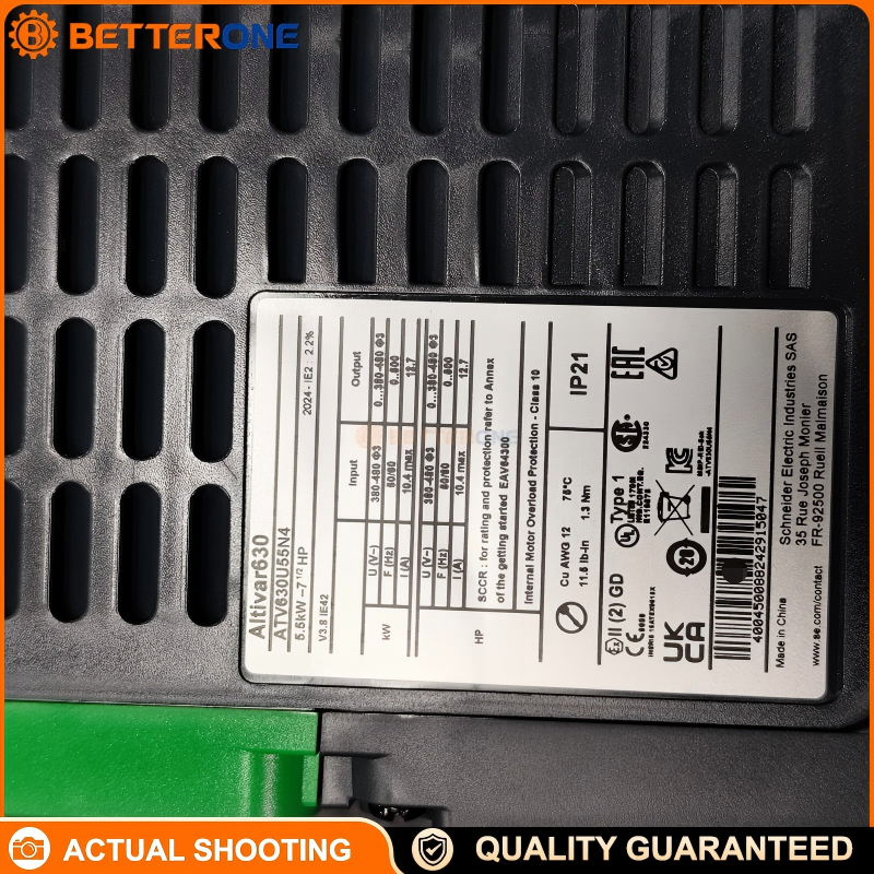 Schneider Electric ATV630U55N4 Altivar Process ATV630 Variable Frequency Drive (VFD), 5.5kW / 7.5HP Normal Duty, 4kW / 5HP Heavy Duty, 3-Phase 380–480VAC (-15%/+10%), IP21 / UL Type 1, Integrated EMC Filter C2/C3, 12.7A Output @4kHz, 0.1–500Hz
