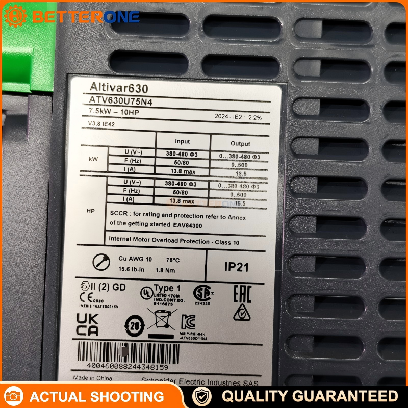 Schneider Electric ATV630U75N4 Altivar Process ATV630 Variable Frequency Drive (VFD), 7.5kW / 10HP Normal Duty, 5.5kW / 7.5HP Heavy Duty, 3-Phase 380–480VAC (-15%/+10%), IP21 / UL Type 1, Integrated EMC Filter C2/C3, 16.5A Output @4kHz, 0.1–500Hz