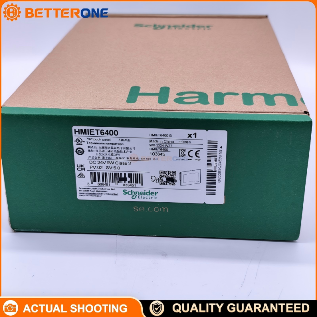 Schneider Electric HMIET6400 Easy Harmony ET6 7" Wide HMI Touch Panel, 800×480 WVGA, 16M Colors, Single-Touch Resistive, Ethernet 10/100, COM1 RS-232C + COM2 RS-422/485, USB Host/Device, RTC, 24VDC, IP65 Front, Vijeo Designer Basic
