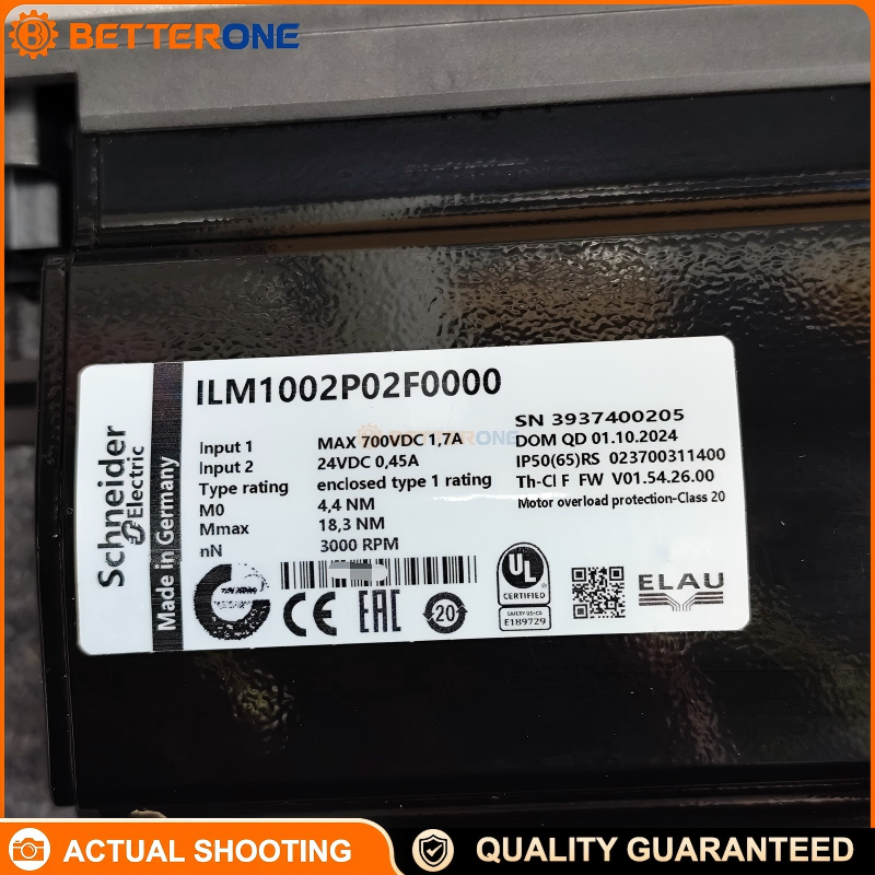 Schneider Electric ILM1002P02F0000 PacDrive 3 Integrated Servo Motor with Integrated Drive, 4.4Nm Continuous Stall, 3000rpm Nominal, 250–700V, Absolute Multiturn SinCos Hiperface (128 Periods), With Holding Brake 5.5Nm, 100mm Flange, IP54