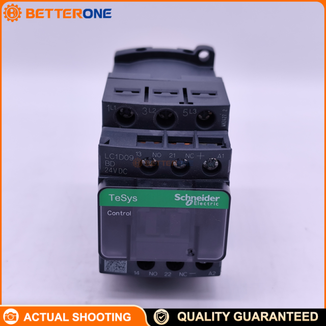 Schneider Electric LC1D09BD TeSys D Contactor, 3P (3NO), AC-3 9A ≤440VAC, 24VDC Coil, 4kW @ 400VAC, Built-in 1NO+1NC Aux (Mirror NC), Screw Clamp Terminals, Up to 100kA SCCR