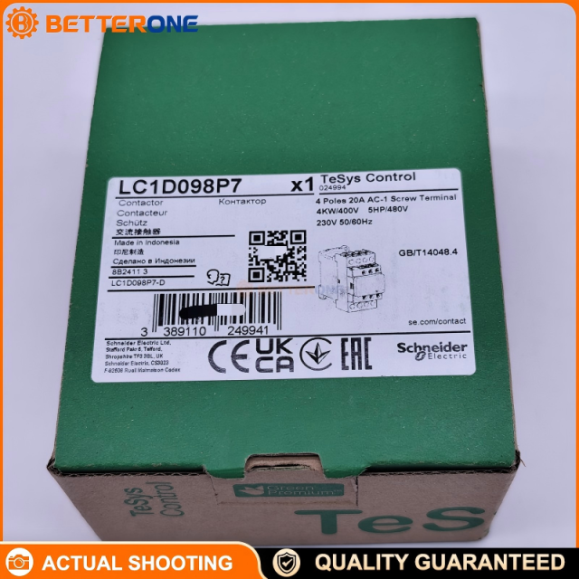 Schneider Electric LC1D098P7 TeSys D Contactor, 4P (2NO+2NC), AC-1 20A ≤440VAC, 230VAC 50/60Hz Coil (P7), Built-In 1NO+1NC Aux (Mirror NC), Screw Clamp Terminals, DIN-Rail/Panel Mount, 45mm Width