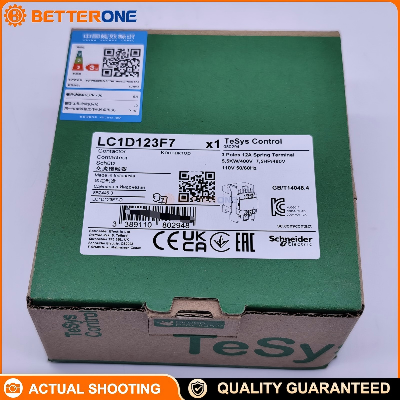 Schneider Electric LC1D123F7 TeSys Deca Contactor, 3P (3NO), AC-3/AC-3e 12A 0–440V, 110VAC 50/60Hz Coil (F7), Built-In 1NO+1NC Aux (Mirror NC), Spring Terminals, DIN-Rail/Panel Mount, 5.5kW @ 400V, 7.5HP @ 480VAC