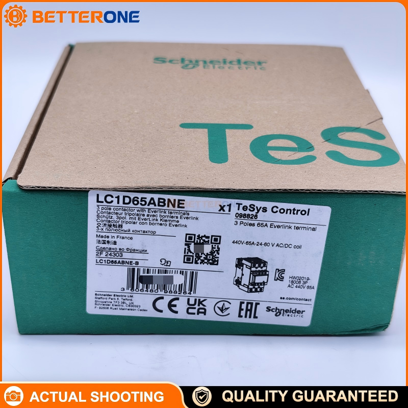 Schneider Electric LC1D65ABNE TeSys Deca IEC Contactor, 3P (3NO), AC-3/AC-3e 65A Up to 440V, AC-1 80A, Wide-Range 24–60VAC/DC Electronic Coil, EverLink BTR Terminals, Built-In 1NO+1NC Aux (Mirror NC), 30kW @ 400V, 40HP @ 480VAC, IP20