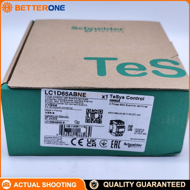 Schneider Electric LC1D65ABNE TeSys Deca IEC Contactor, 3P (3NO), AC-3/AC-3e 65A Up to 440V, AC-1 80A, Wide-Range 24–60VAC/DC Electronic Coil, EverLink BTR Terminals, Built-In 1NO+1NC Aux (Mirror NC), 30kW @ 400V, 40HP @ 480VAC, IP20